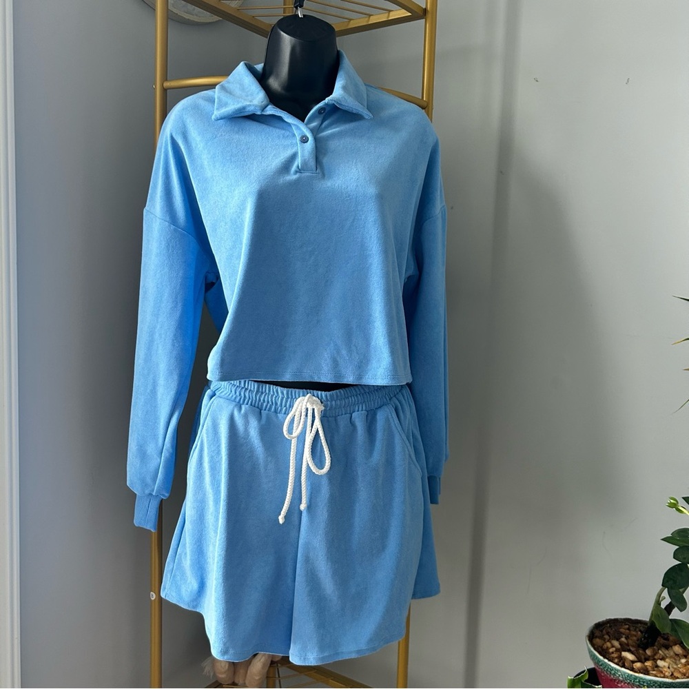 Dippin Daisys Blue Marina terry velour long sleeves shorts cover up set size S